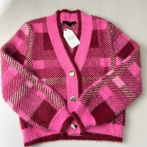 English Factory Checkered Plaid Cardigan Sweater Pink Women Size Large NEW - Picture 11 of 11